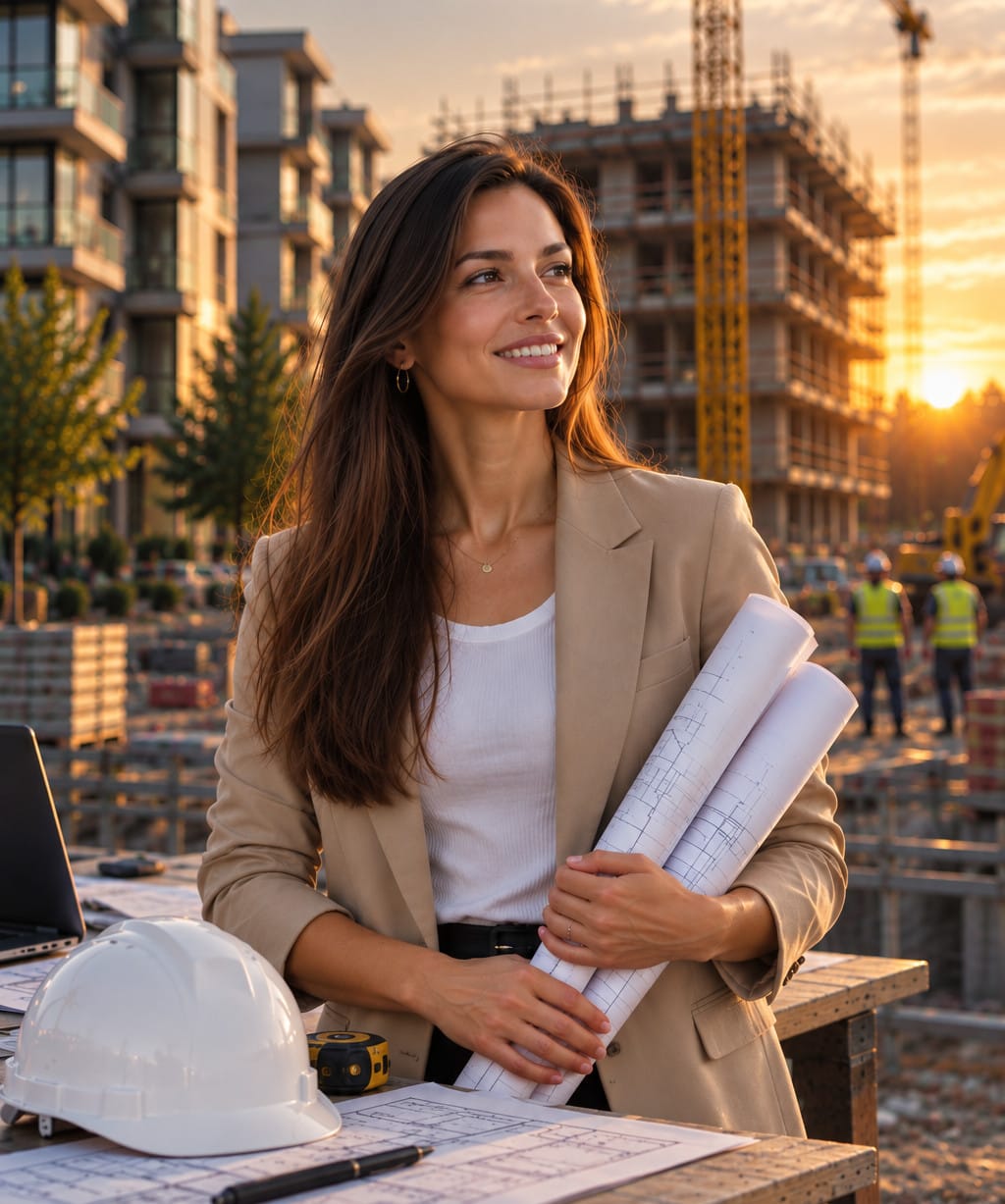 Projektleiterin mit Bauplänen auf einer Baustelle